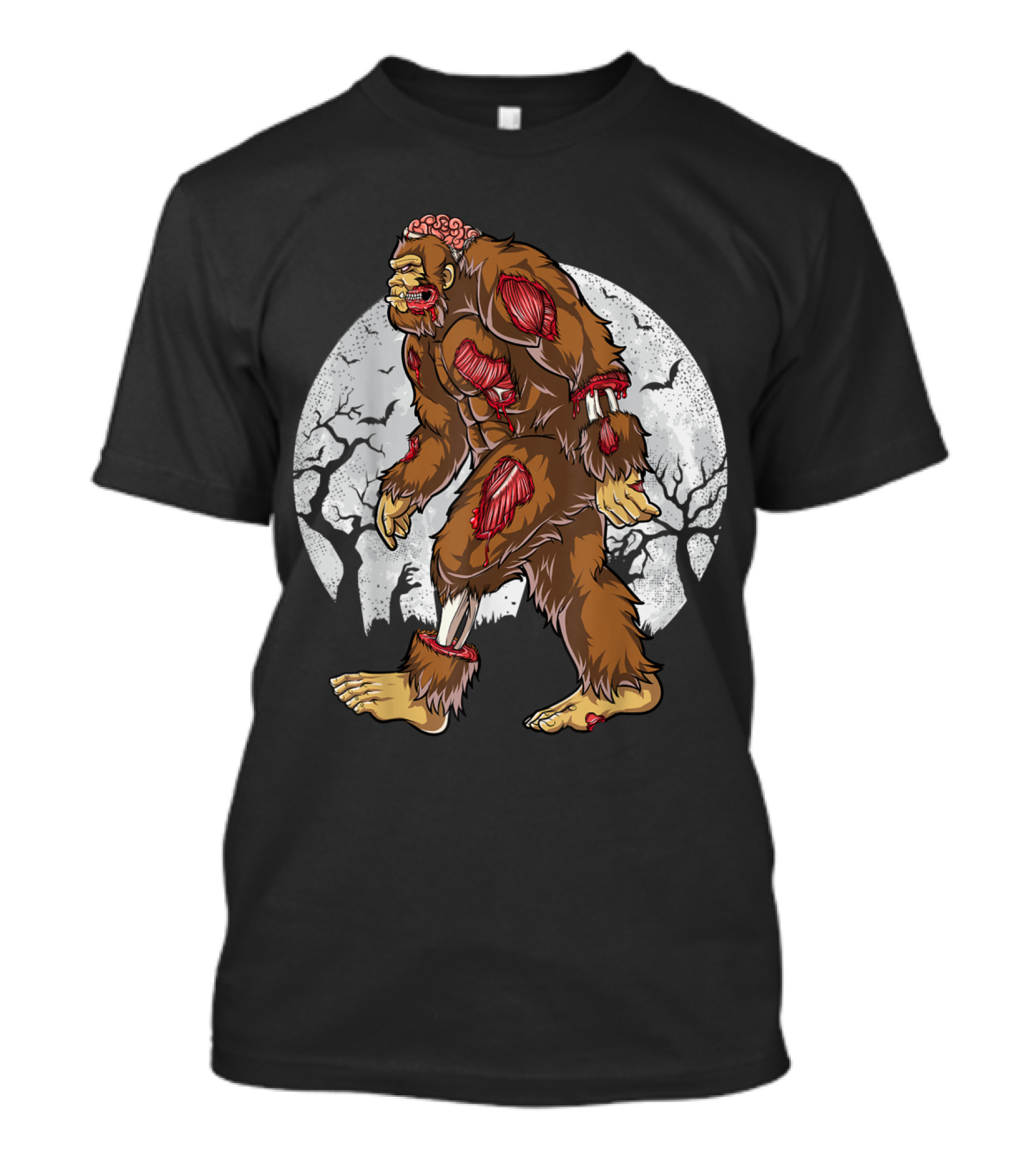 Bigfoot Zombie Walking Under Full Moon With Exposed Muscles And Haunted Trees T-Shirt