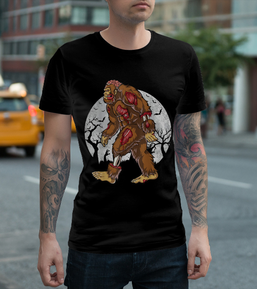 Bigfoot Zombie Walking Under Full Moon With Exposed Muscles And Haunted Trees T-Shirt