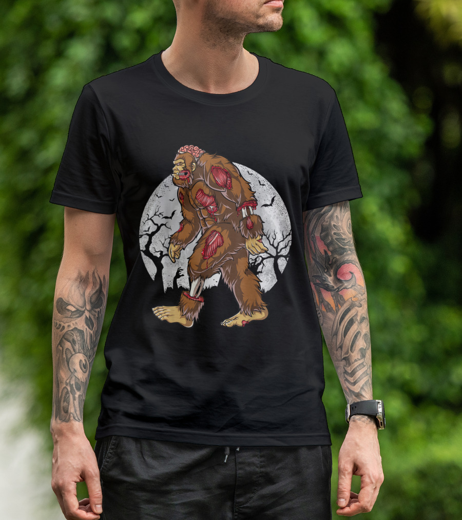 Bigfoot Zombie Walking Under Full Moon With Exposed Muscles And Haunted Trees T-Shirt