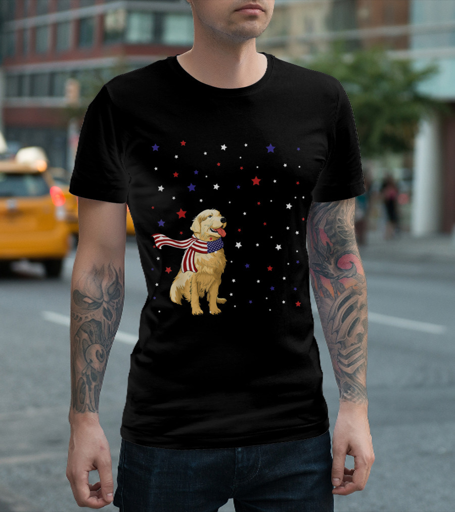 Golden Retriever In Patriotic American Flag Scarf Surrounded By Red White And Blue Stars T-Shirt