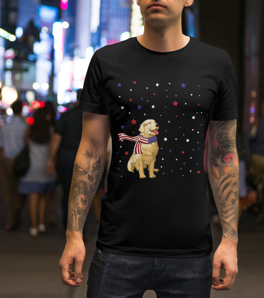 Golden Retriever In Patriotic American Flag Scarf Surrounded By Red White And Blue Stars T-Shirt