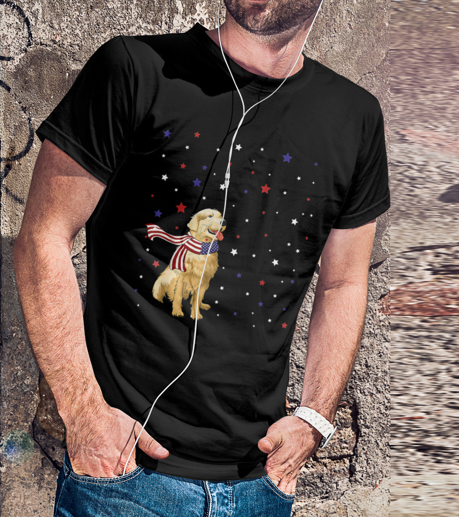 Golden Retriever In Patriotic American Flag Scarf Surrounded By Red White And Blue Stars T-Shirt