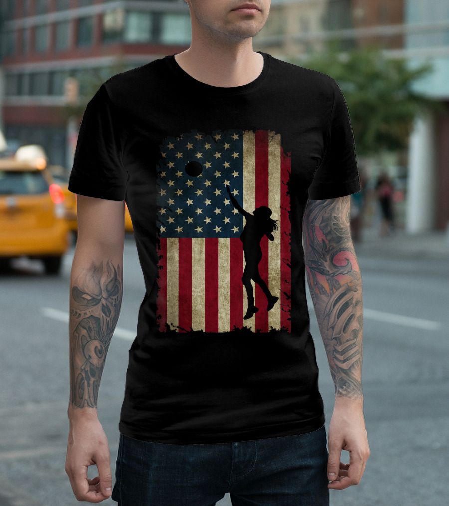 Volleyball Player Silhouette With Distressed USA Flag Background T-Shirt