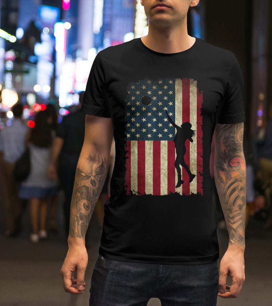 Volleyball Player Silhouette With Distressed USA Flag Background T-Shirt