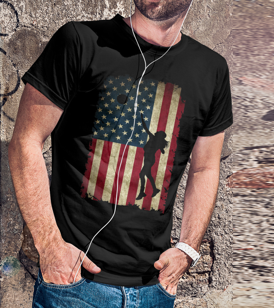 Volleyball Player Silhouette With Distressed USA Flag Background T-Shirt