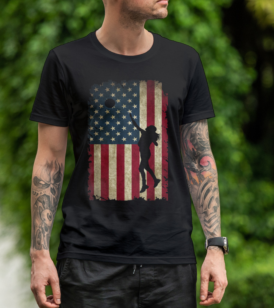 Volleyball Player Silhouette With Distressed USA Flag Background T-Shirt