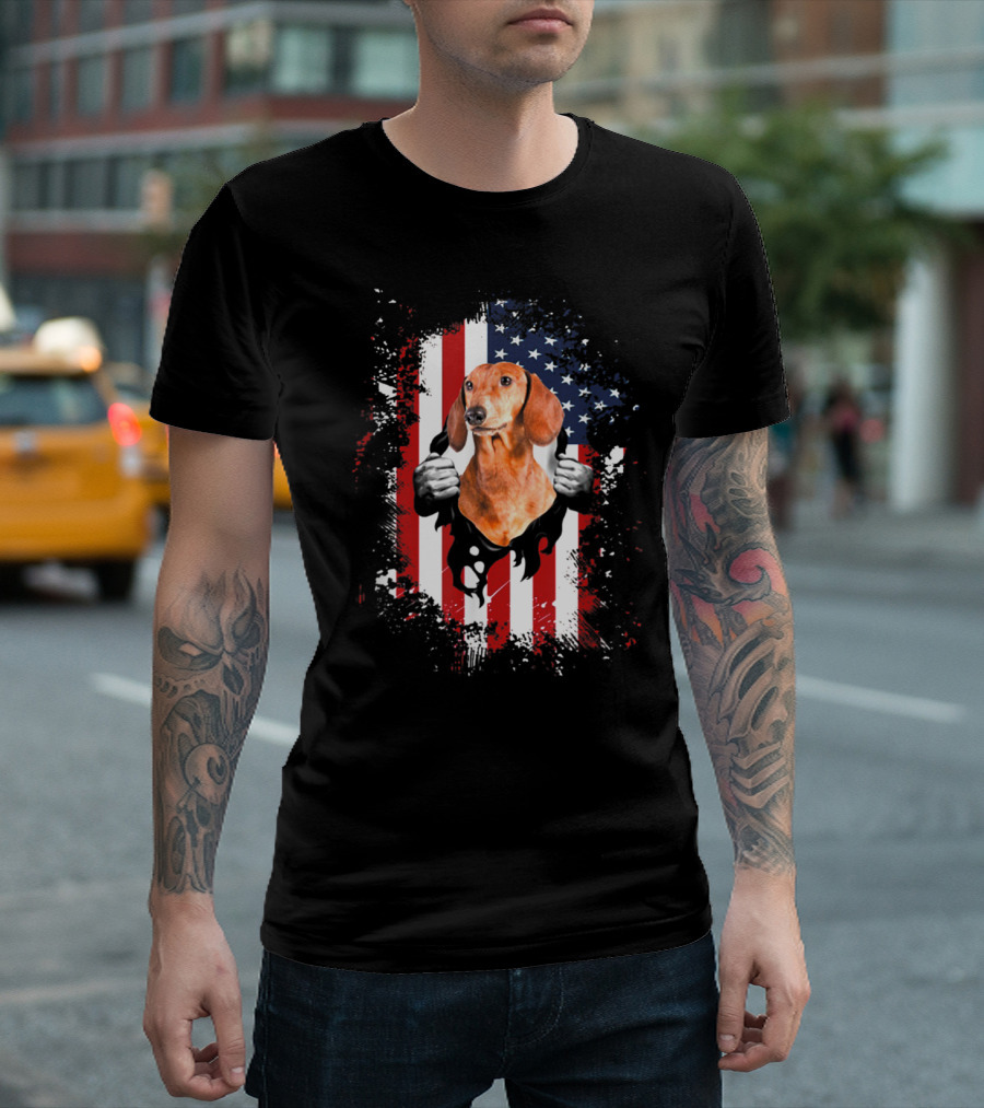 Patriotic American Dachshund With US Flag Background T-Shirt