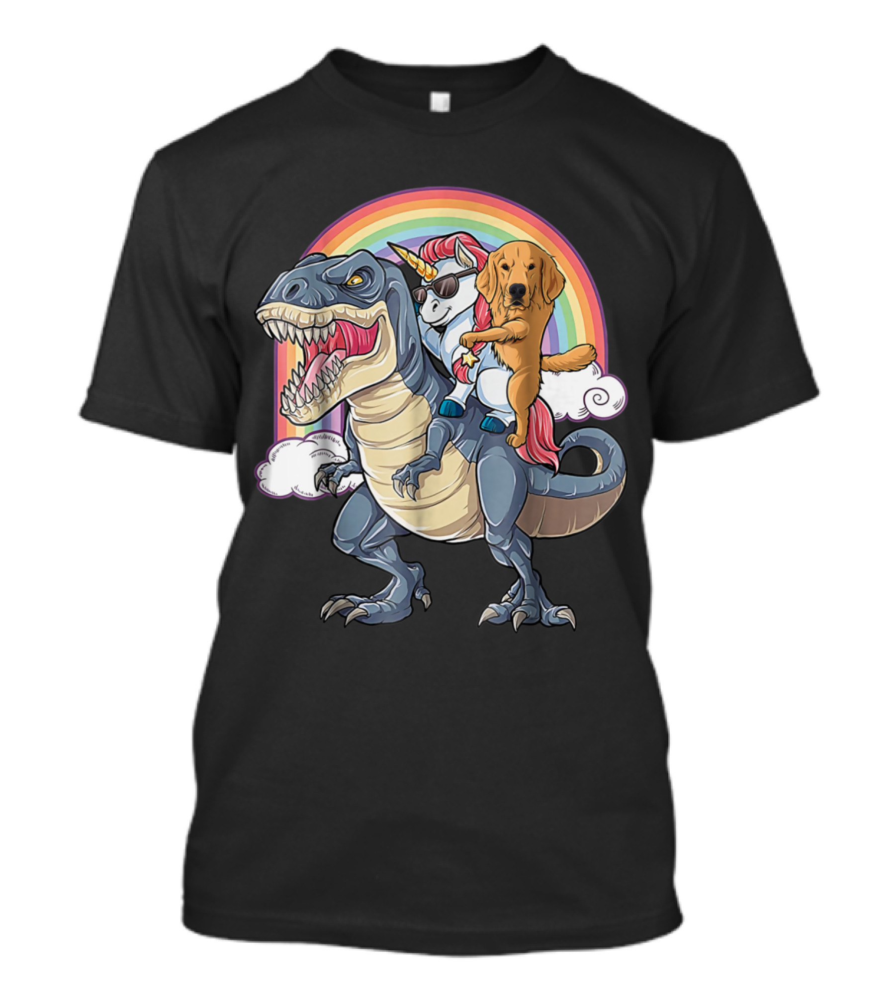Golden Retriever And Sunglasses Unicorn Riding Dinosaur T-Shirt