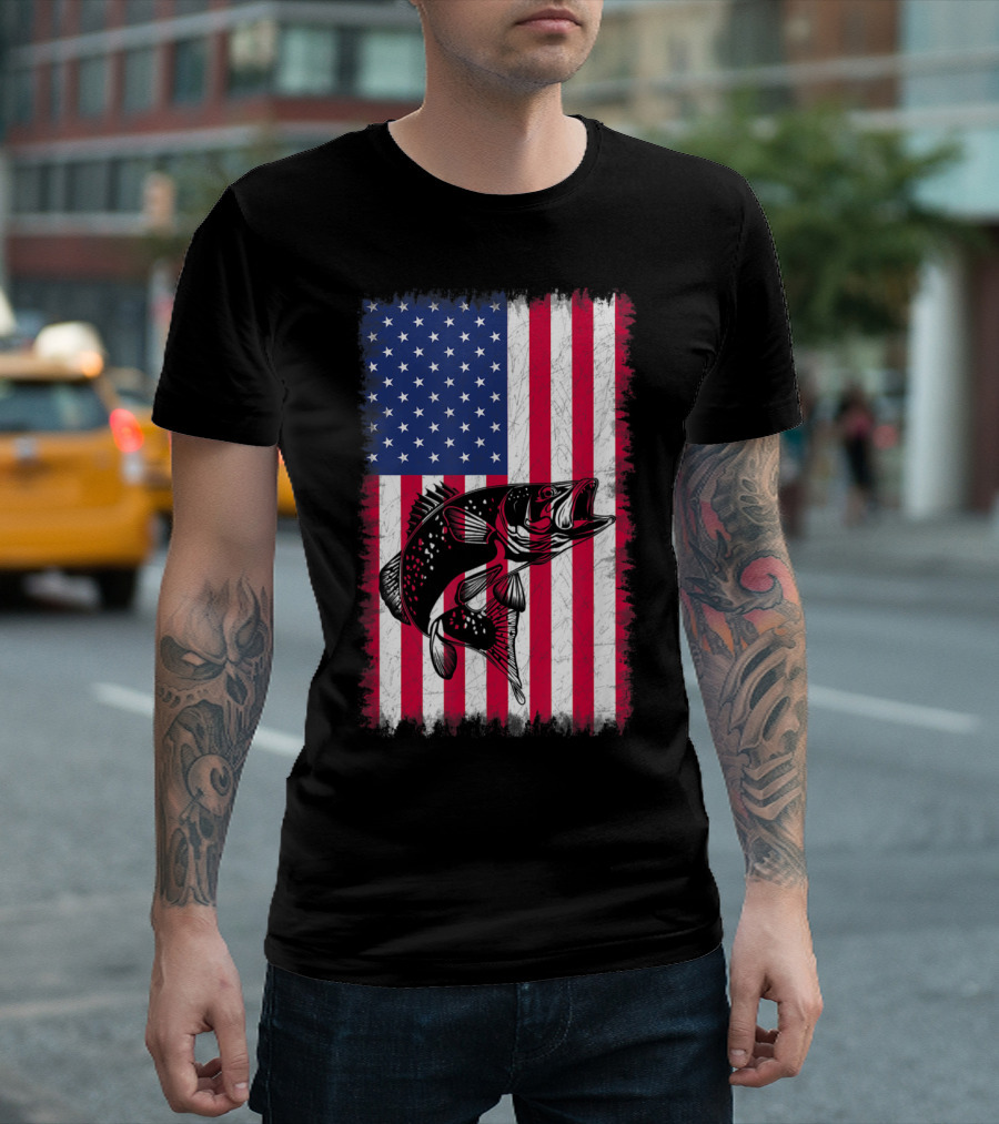 Patriotic American Flag with Fish Silhouette for Fisherman Enthusiasts T-Shirt