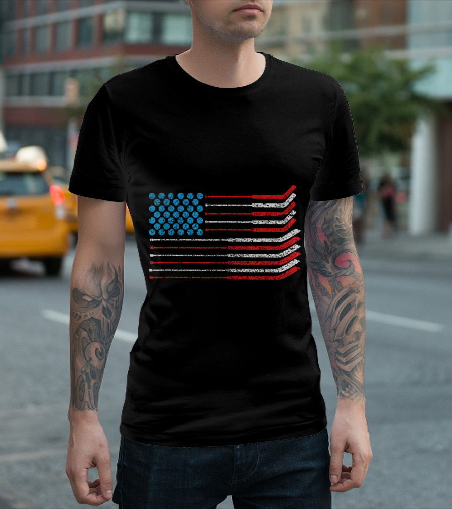 American Flag Patriotic Hockey Sticks 4th Of July T-Shirt