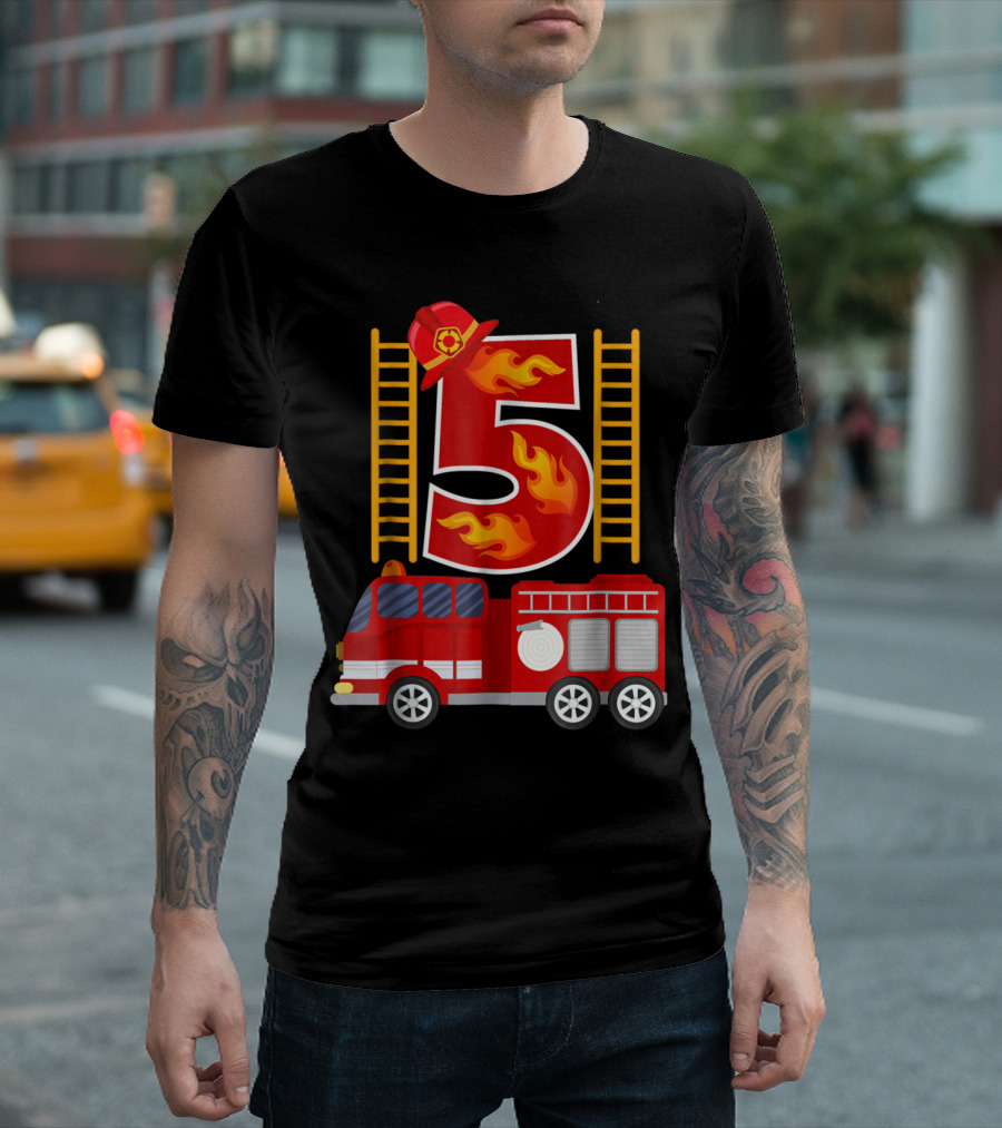 Birthday 5 Firefighter Theme with Fire Truck and Flames T-Shirt