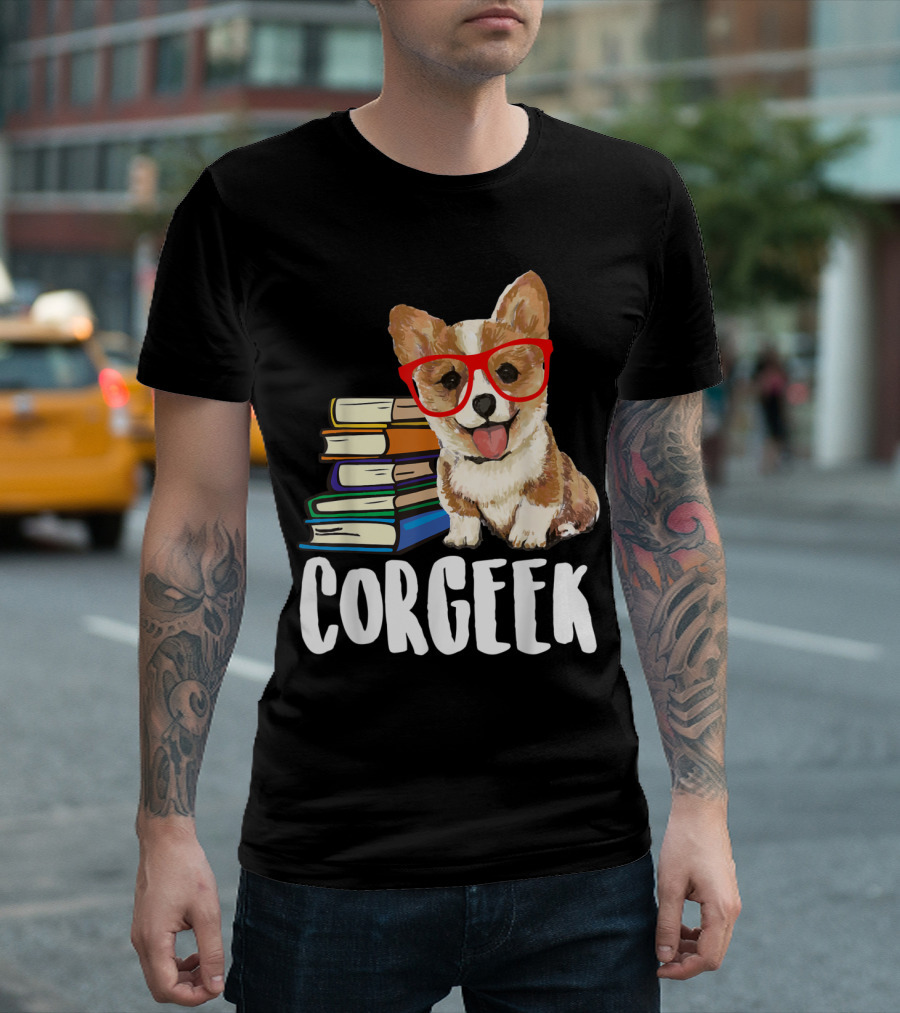 Corgeek Corgi with Glasses and Books Reading T-Shirt