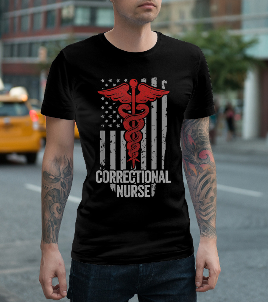Correctional Nurse American Flag Caduceus T-Shirt