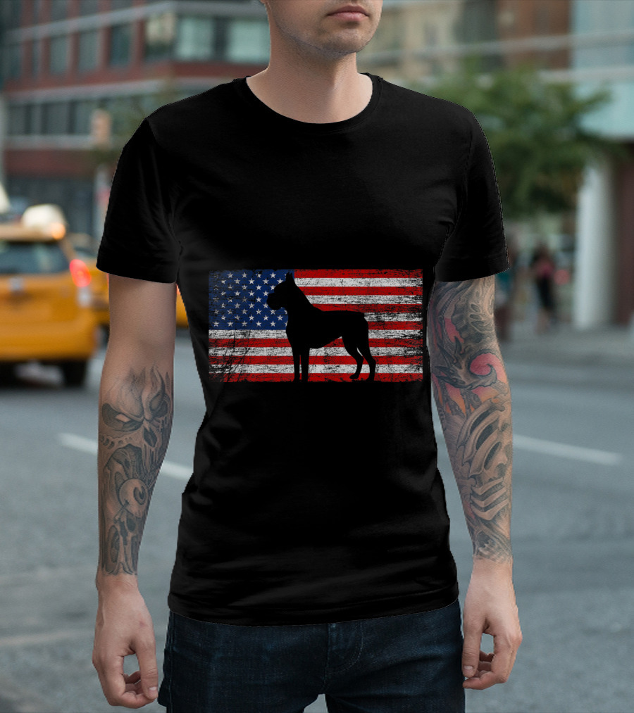 Boxer Dog Silhouette With American Flag Background For 4th Of July Dog Lovers T-Shirt