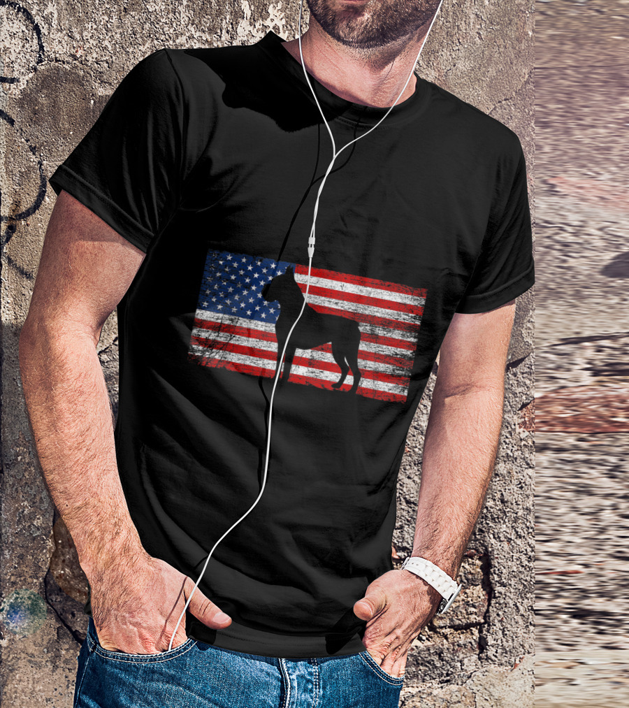 Boxer Dog Silhouette With American Flag Background For 4th Of July Dog Lovers T-Shirt