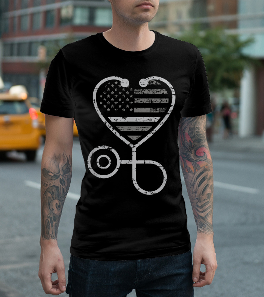 Corrections Nurse Thin Grey Line Heart Stethoscope American Flag T-Shirt