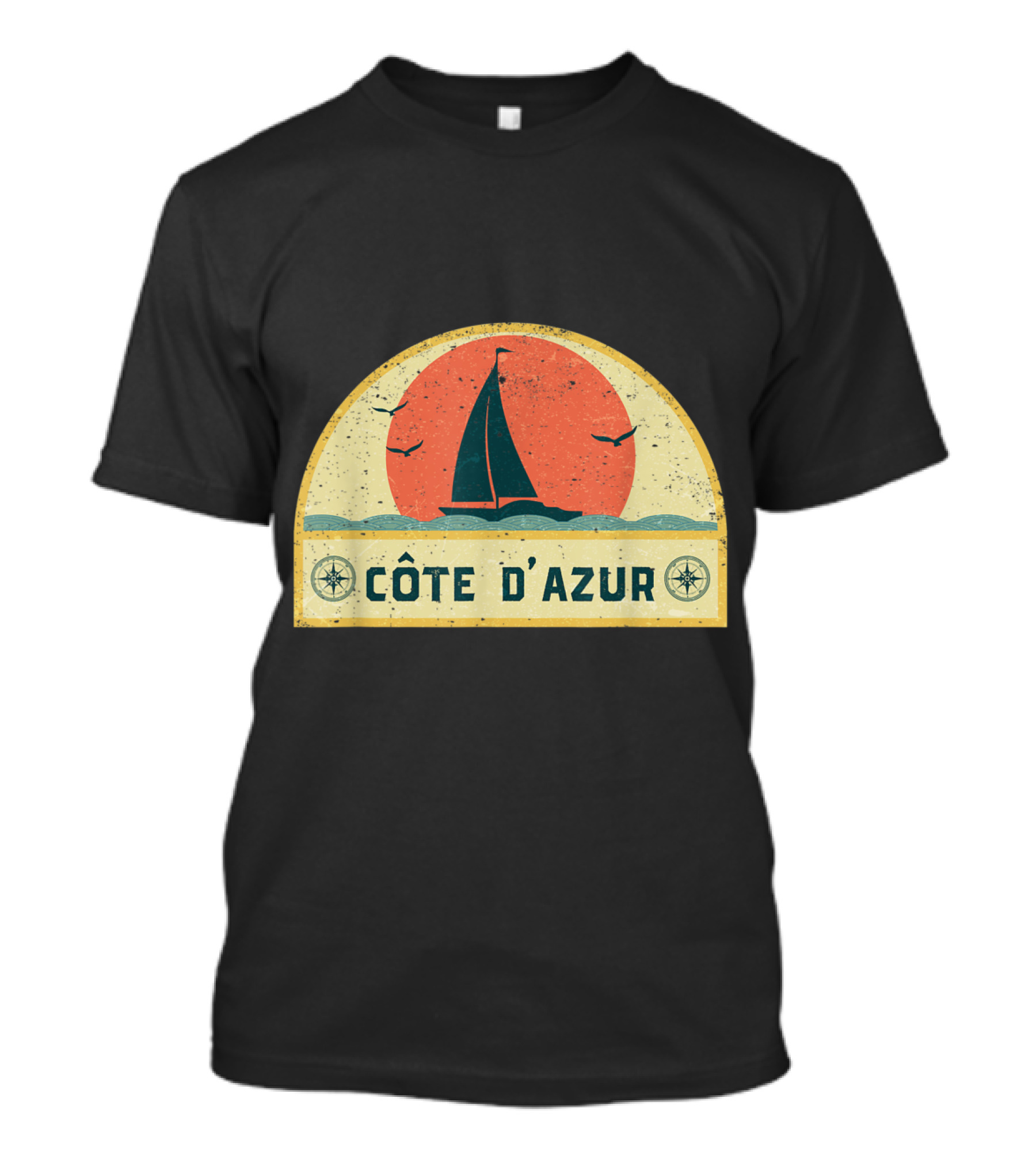 Côte D'Azur Vintage Sailing Adventure With Sunset And Seagulls T-Shirt