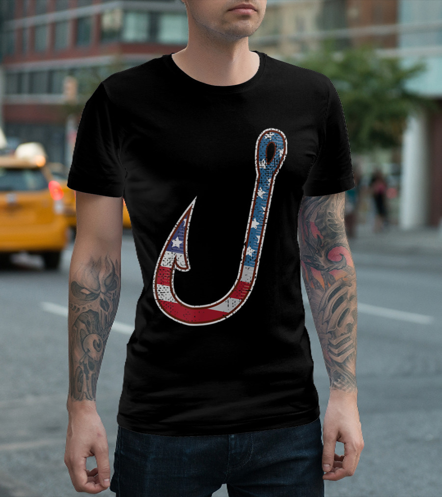 American Flag Patriotic Fish Hook USA T-Shirt