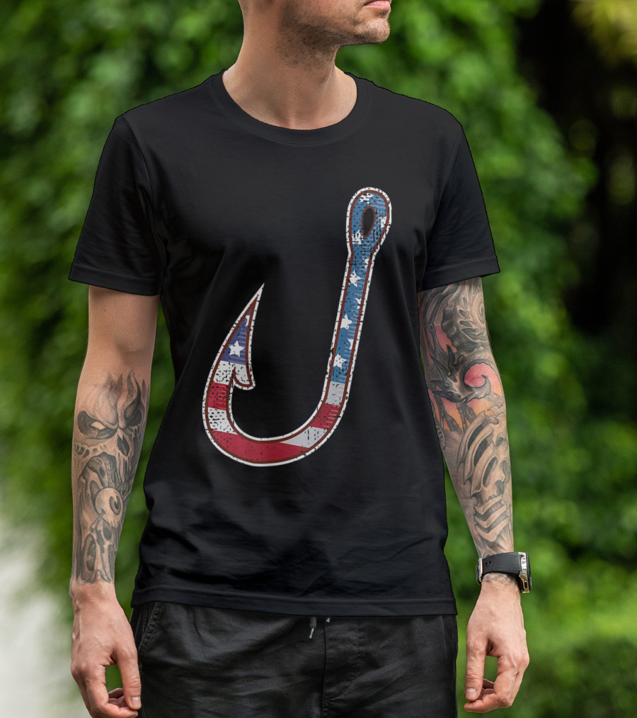 American Flag Patriotic Fish Hook USA T-Shirt