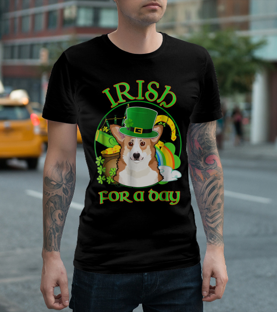 Irish For A Day Pembroke Welsh Corgi St Patrick's Celebration with Shamrocks and Rainbow T-Shirt