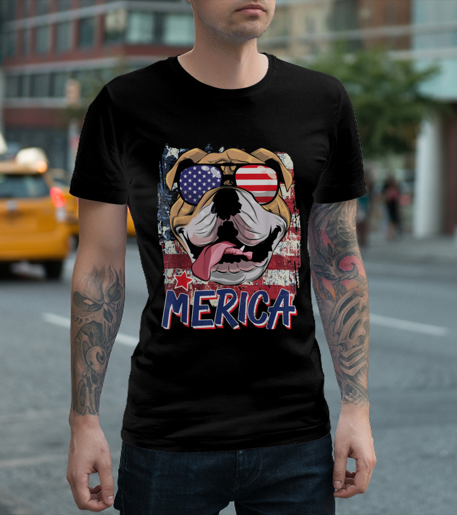 Merica American Flag Bulldog With Patriotic Sunglasses T-Shirt
