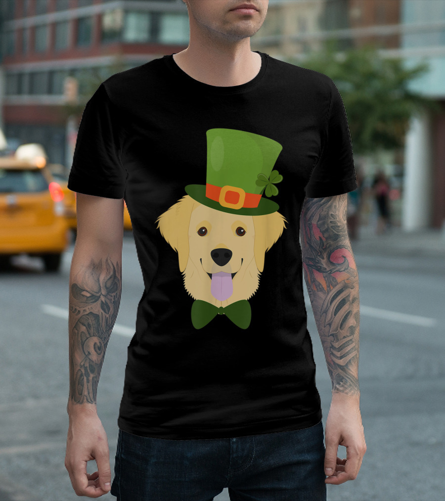 Irish Golden Retriever Dog Lovers St Patrick's Day Festive Hat Bow Tie Shamrock T-Shirt
