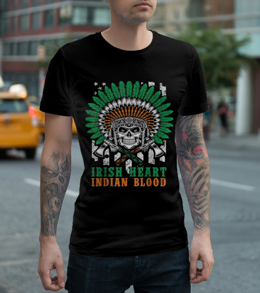 Irish Heart Indian Blood Skull Headdress and Crossed Axes T-Shirt