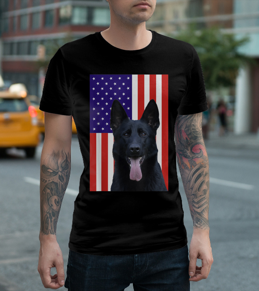 Black German Shepherd with USA Flag Background T-Shirt