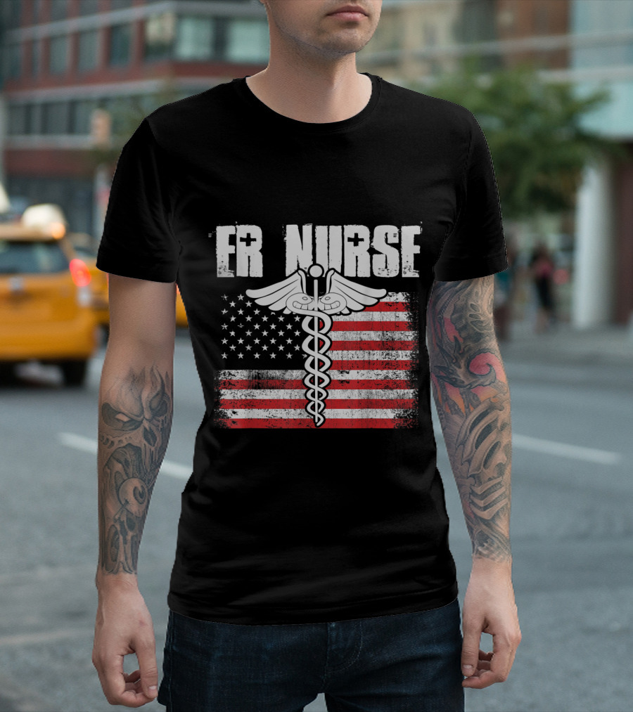 ER Nurse American Flag Caduceus Symbol USA T-Shirt