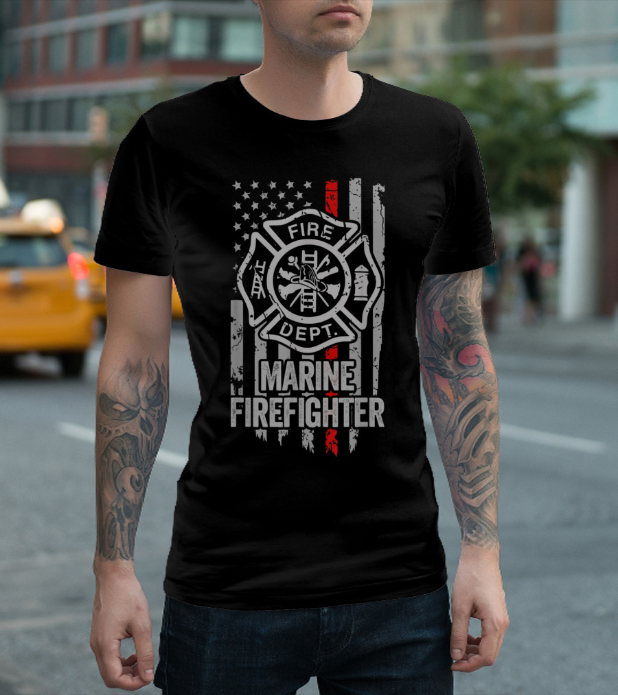 Marine Firefighter American Flag Thin Red Line Fire Dept T-Shirt