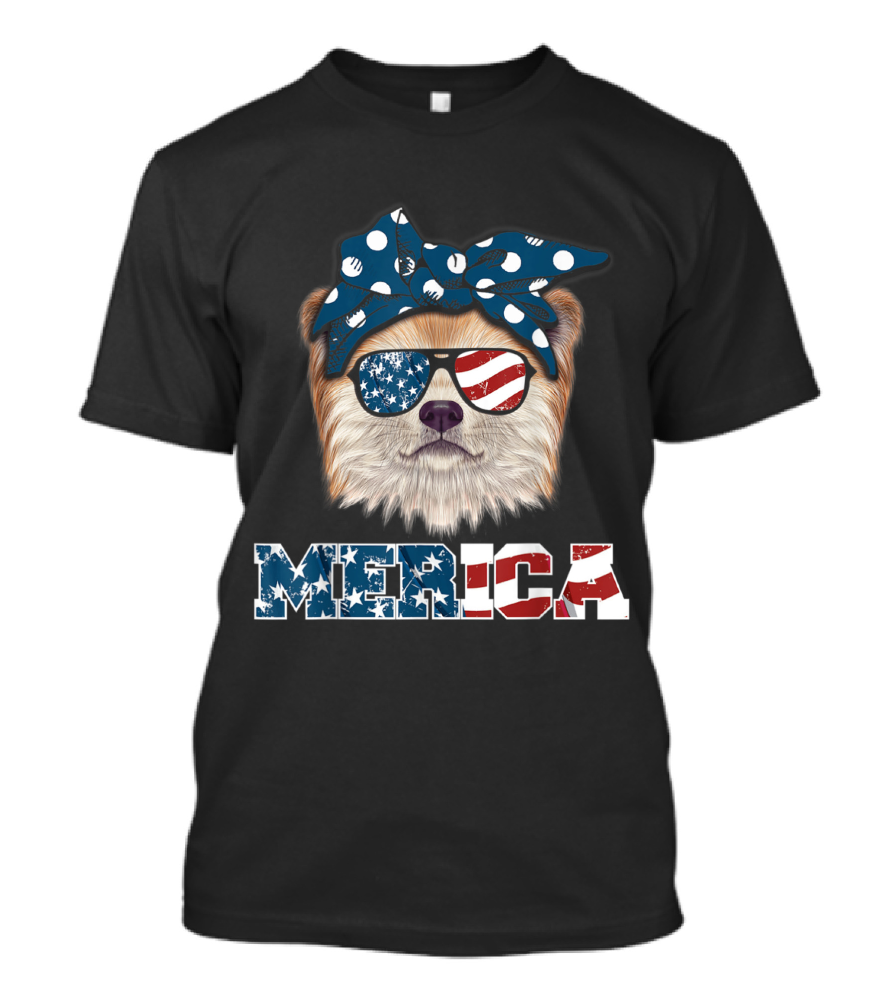 MERICA American Flag Akita Dog With Sunglasses And Polka Dot Bow T-Shirt