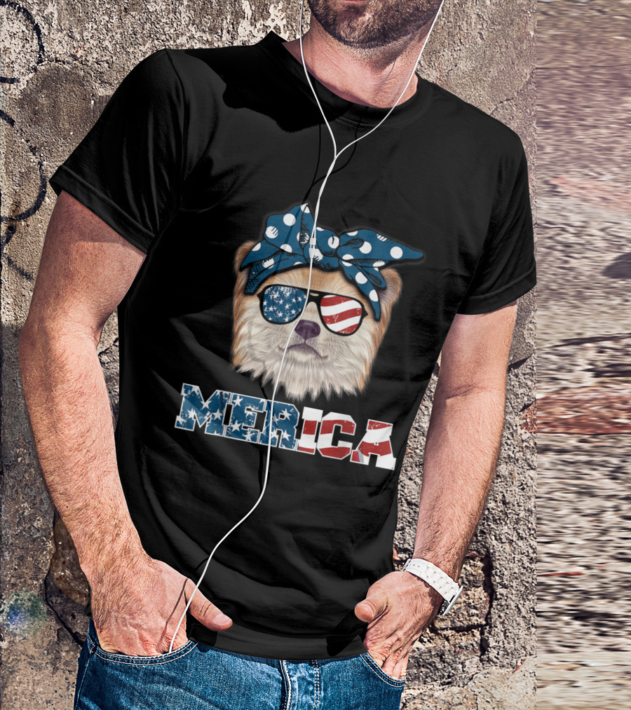 MERICA American Flag Akita Dog With Sunglasses And Polka Dot Bow T-Shirt