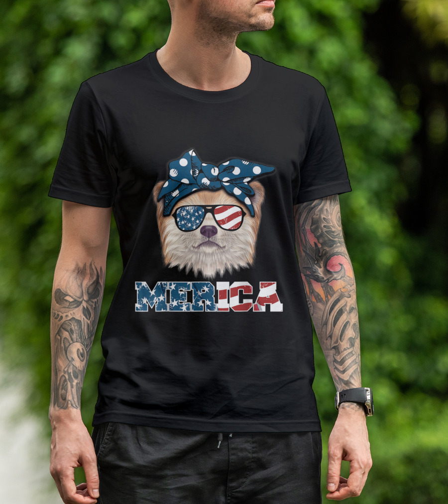 MERICA American Flag Akita Dog With Sunglasses And Polka Dot Bow T-Shirt