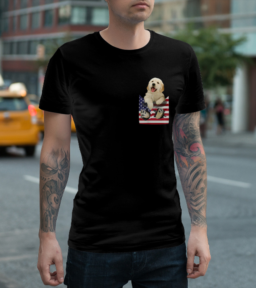 Golden Retriever Dog in American Flag Pocket T-Shirt
