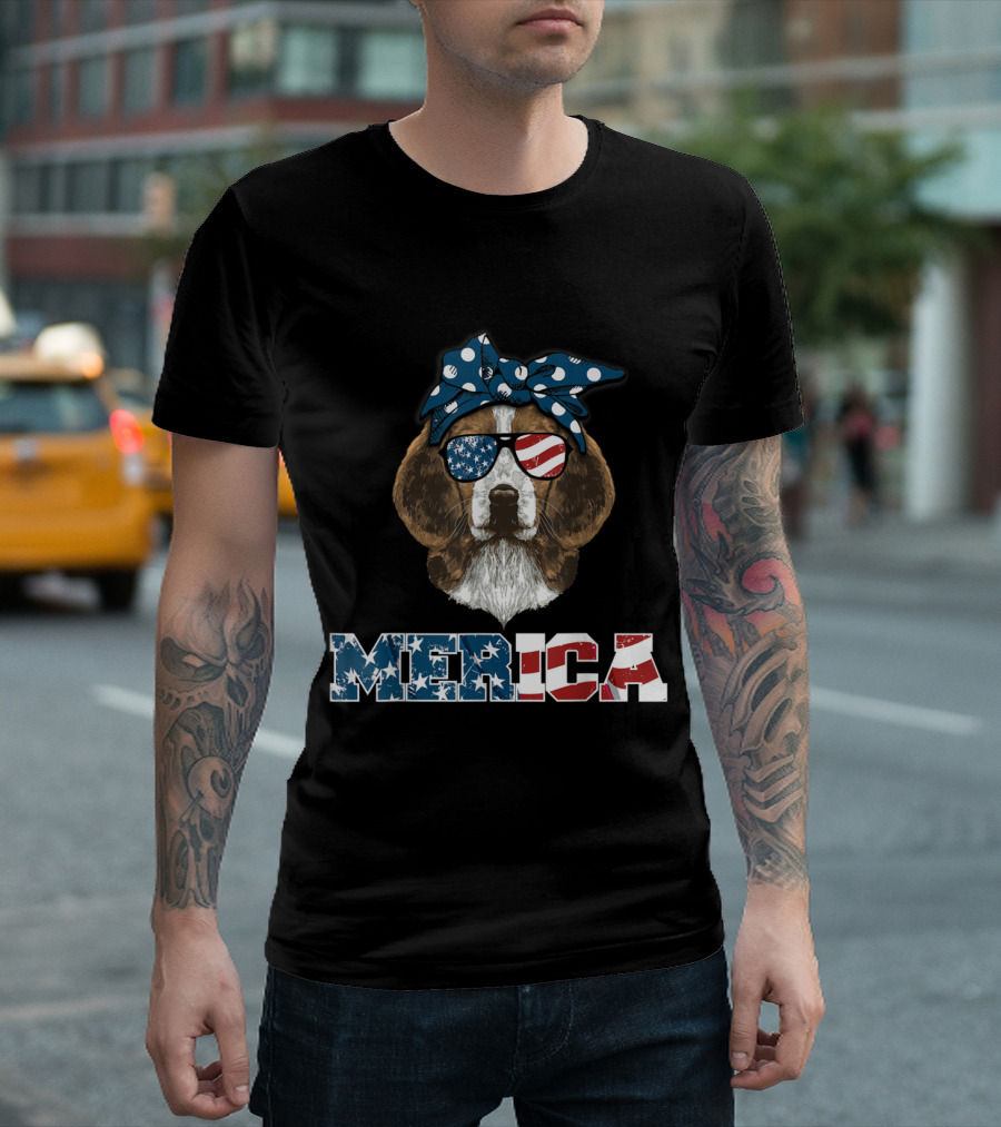 Merica Stars and Stripes Beagle with Patriotic Bow and Sunglasses T-Shirt