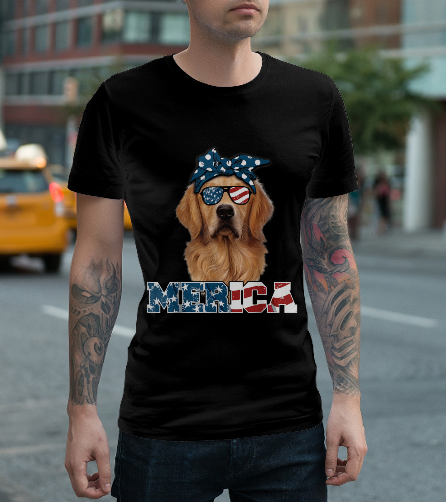 Patriotic 'Merica Golden Retriever with American Flag Sunglasses and Polka Dot Bandana T-Shirt