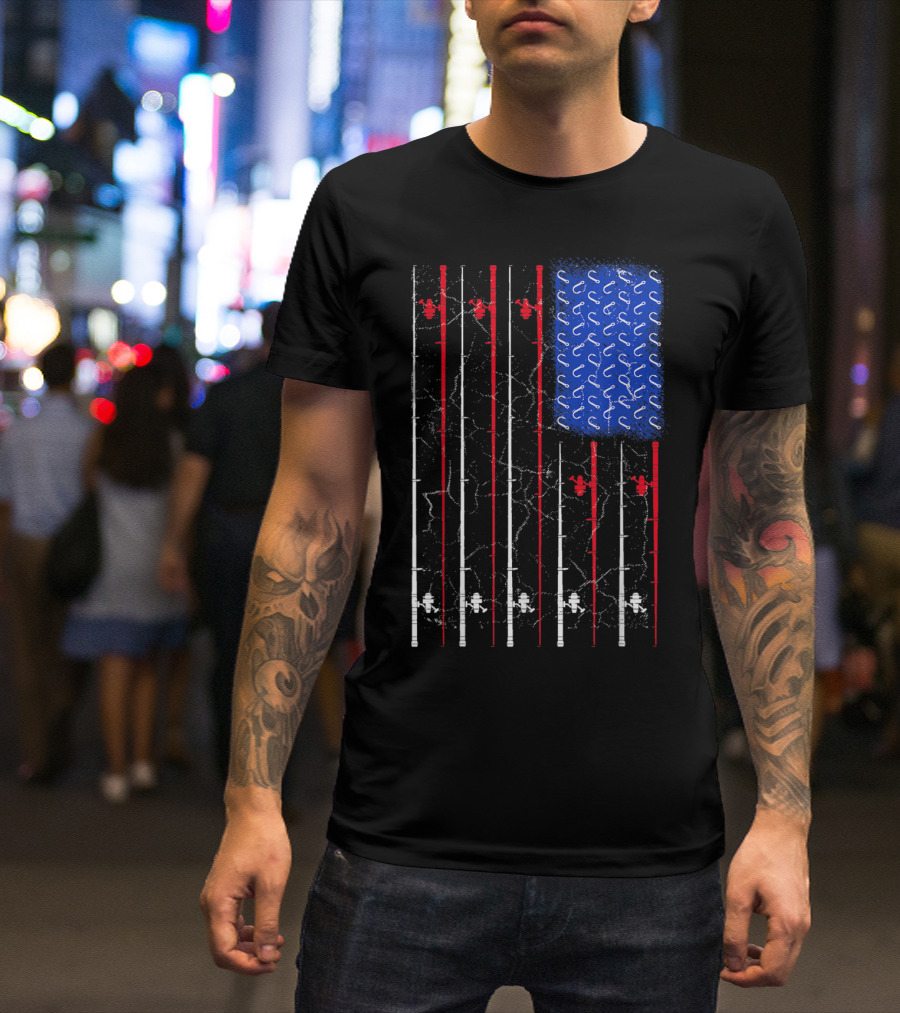 Fishing Rod American Flag With Blue Hook T-Shirt
