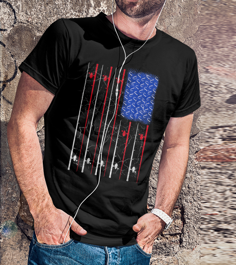 Fishing Rod American Flag With Blue Hook T-Shirt