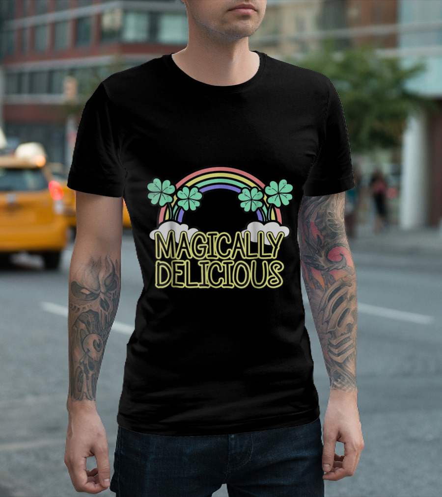 Magically Delicious Rainbow with Shamrock Clovers T-Shirt
