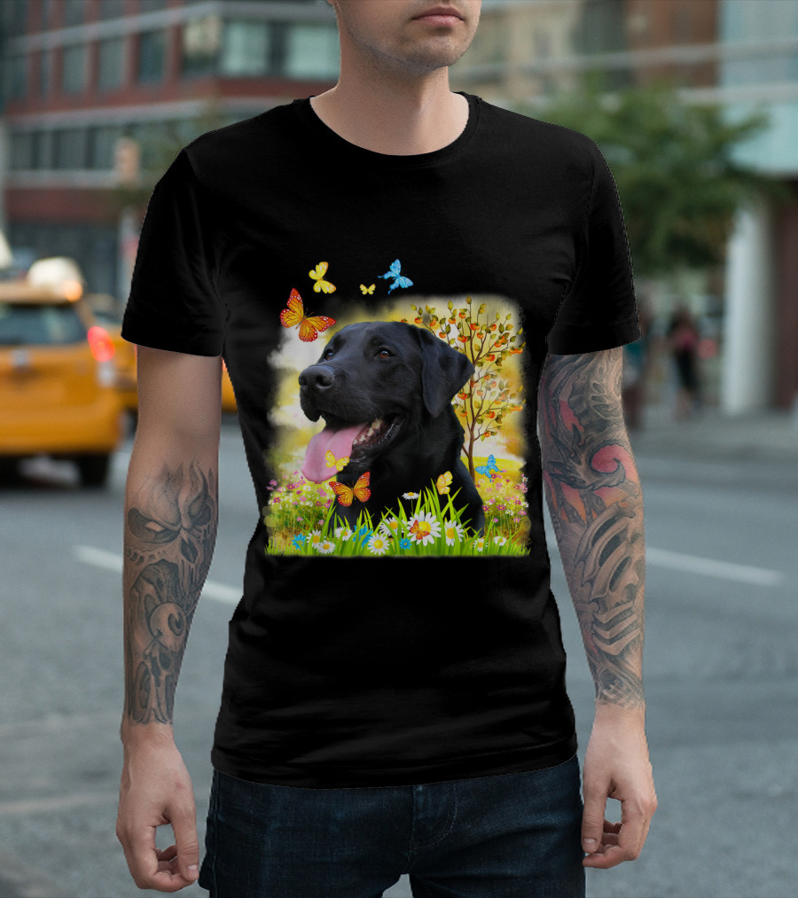 Black Labrador Cute Dog I Love My Colorful Nature and Butterfly Scene T-Shirt
