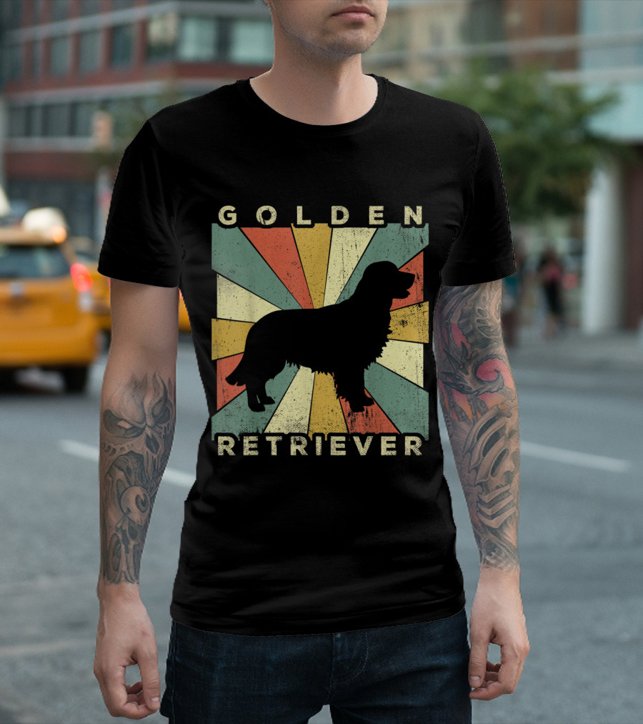 Golden Retriever Dog 70s Vintage Retro Silhouette with Sunburst Background T-Shirt