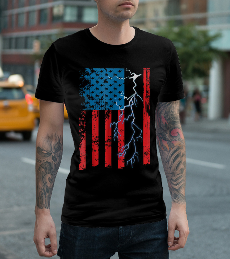 American Flag with Lightning and Stars Electrician Mechanic T-Shirt