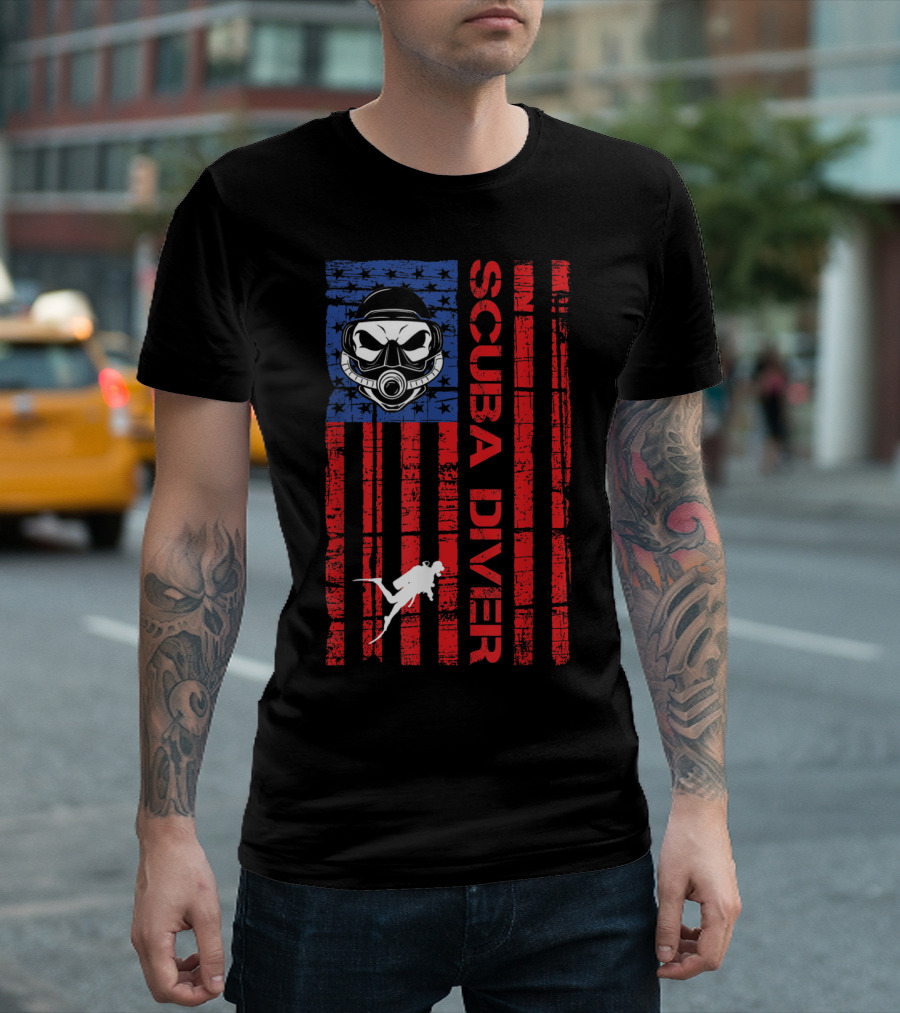 American Flag Scuba Diver Mask Stars And Stripes Ocean Scuba Diving T-Shirt