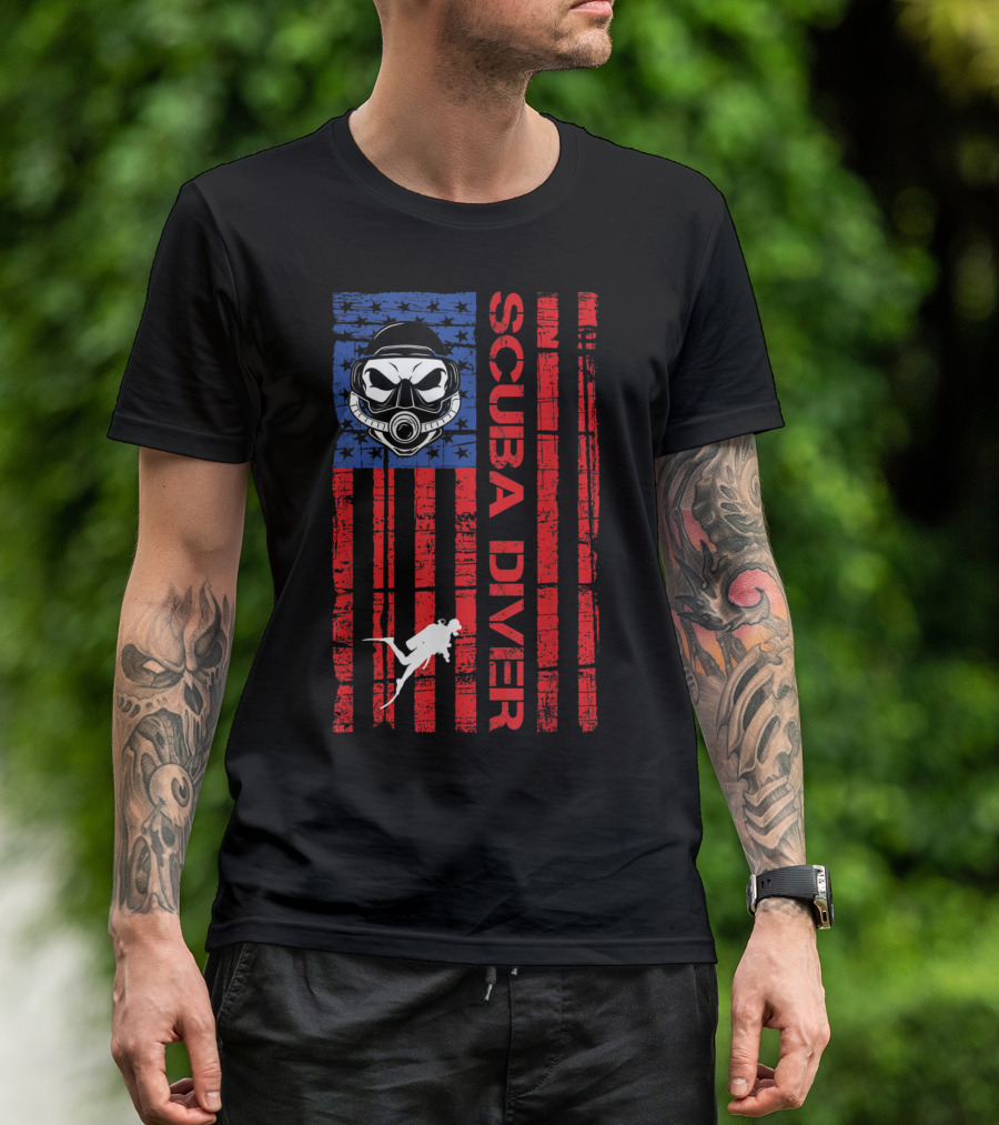 American Flag Scuba Diver Mask Stars And Stripes Ocean Scuba Diving T-Shirt