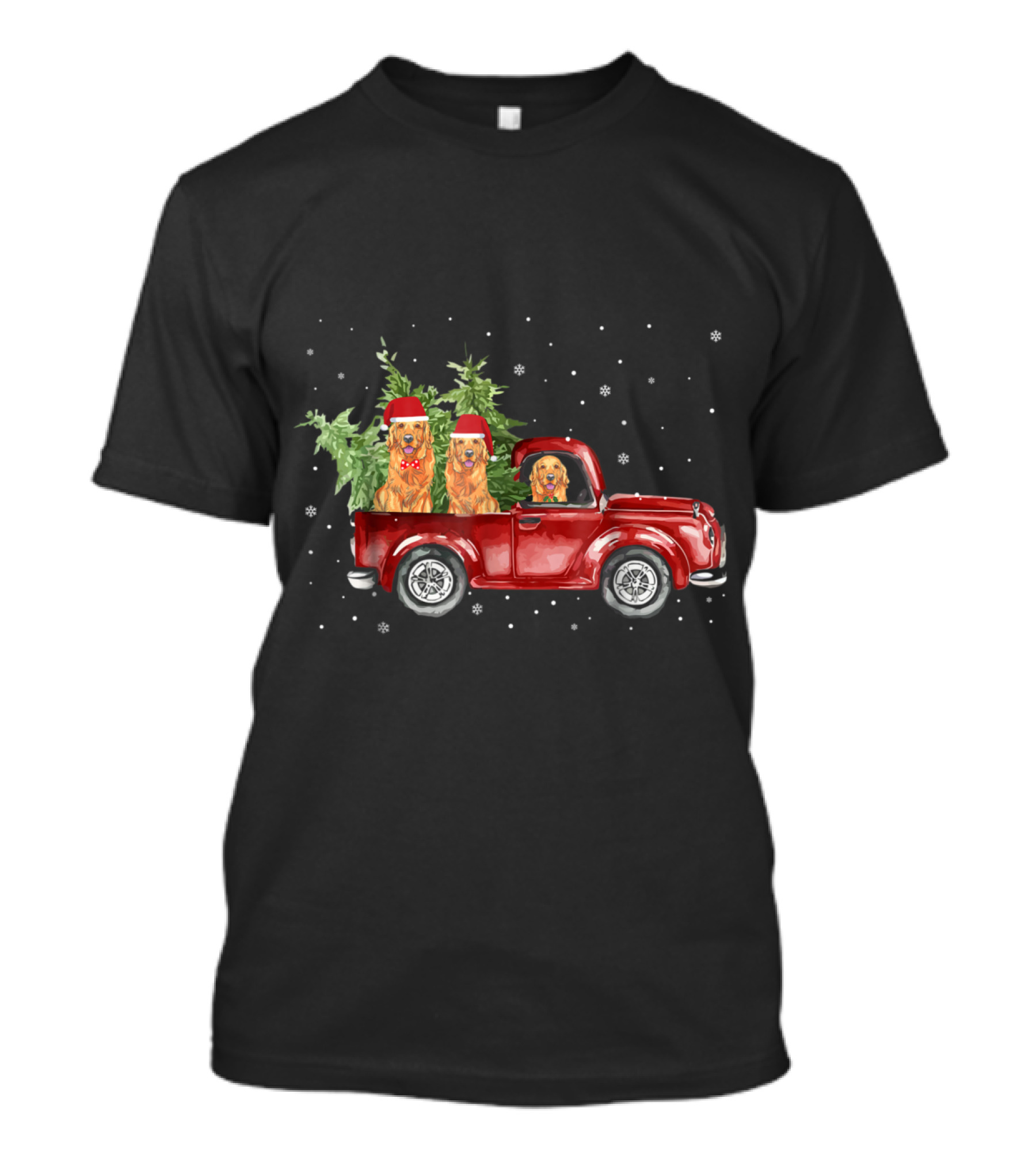Golden Retriever Santa Hats In Red Pickup Truck With Snowflakes And Christmas Trees T-Shirt