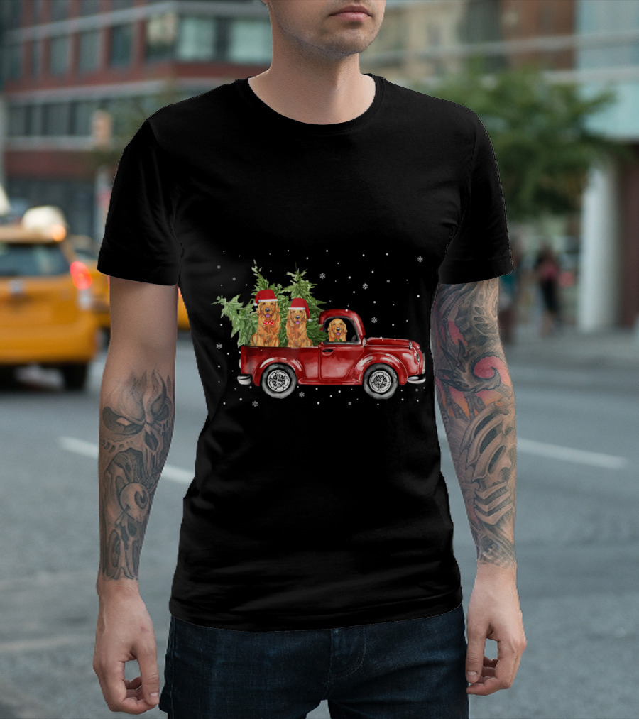 Golden Retriever Santa Hats In Red Pickup Truck With Snowflakes And Christmas Trees T-Shirt