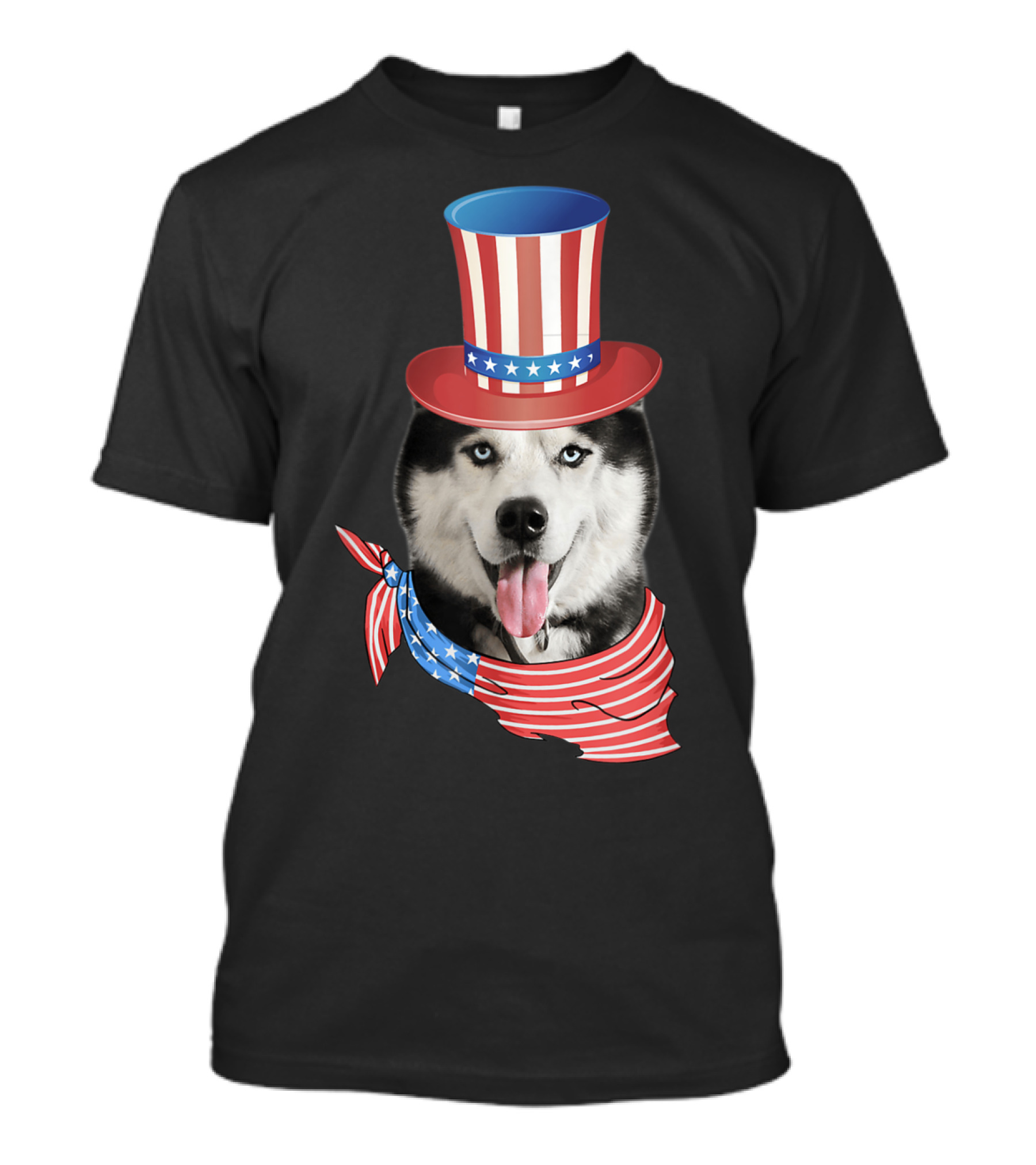 Patriotic Husky Wearing Uncle Sam Hat With American Flag Bandana 4th Of July T-Shirt