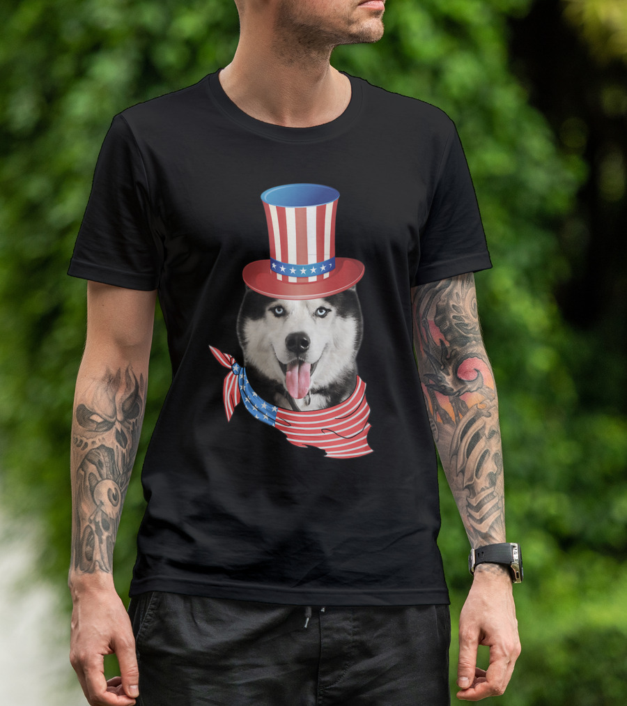 Patriotic Husky Wearing Uncle Sam Hat With American Flag Bandana 4th Of July T-Shirt