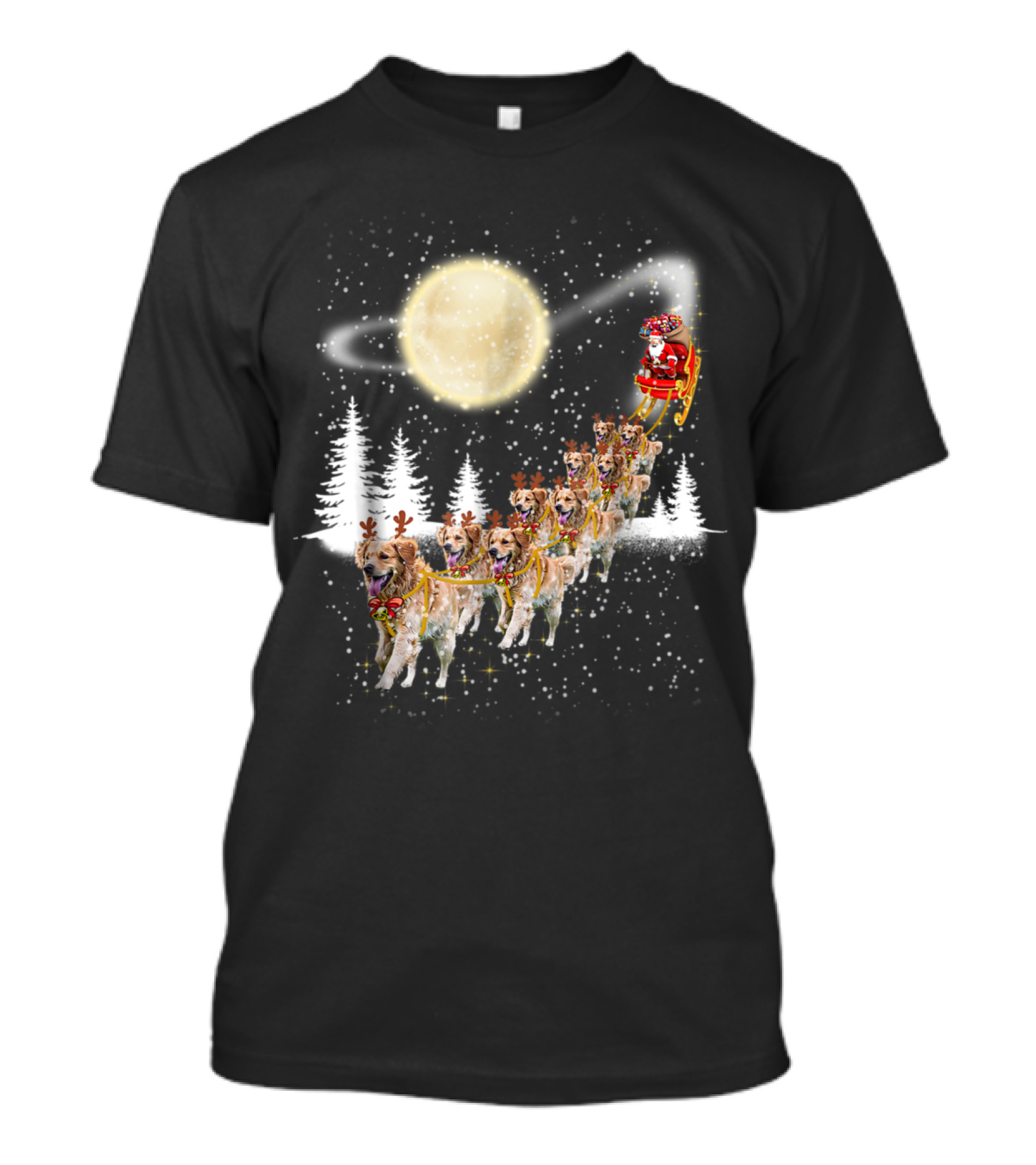 Golden Retriever Reindeer Santa Sleigh Under A Full Moon In Snowy Forest T-Shirt