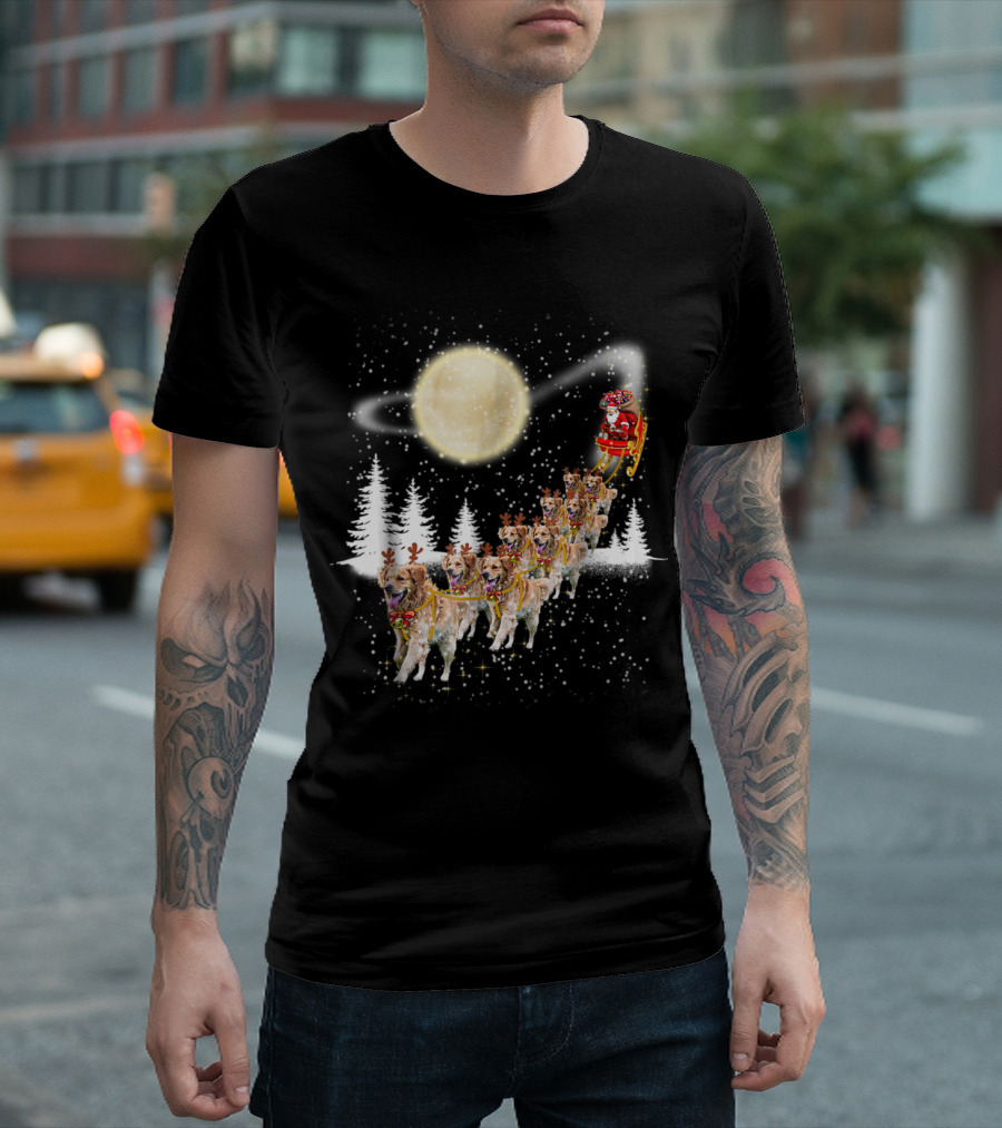 Golden Retriever Reindeer Santa Sleigh Under A Full Moon In Snowy Forest T-Shirt